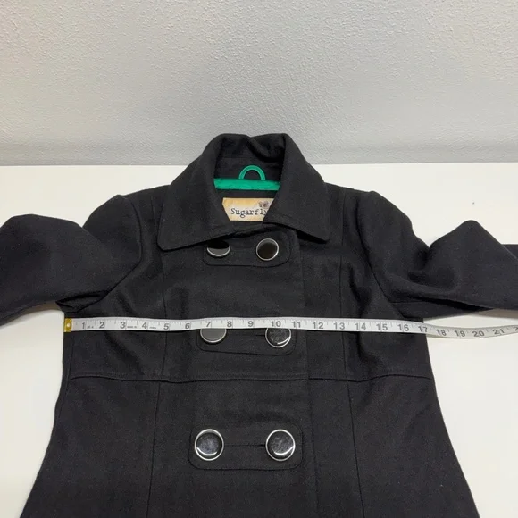 Sugarfly Girls Double-Breasted Flared Skirt Detail Black Wool Blend Peacoat Sz L - Picture 7 of 9